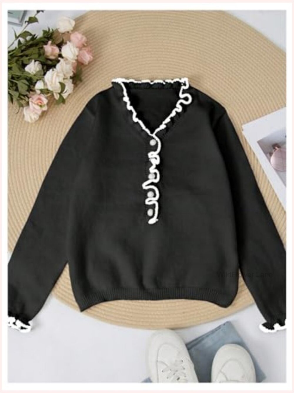 Long Sleeve Ruffle V-Neck Pullover Sweater with Button Front - Picture 3 of 4